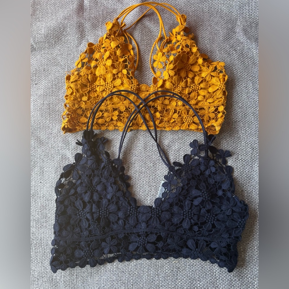 Free People Mustard and Navy Lace Bralettes